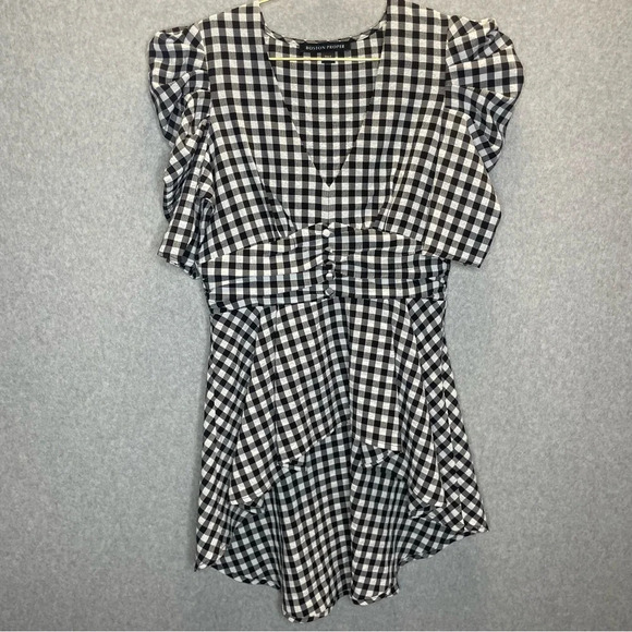 Boston Proper Puff Sleeve High Low Buffalo Check V Neck Baby Doll Top - Picture 3 of 7